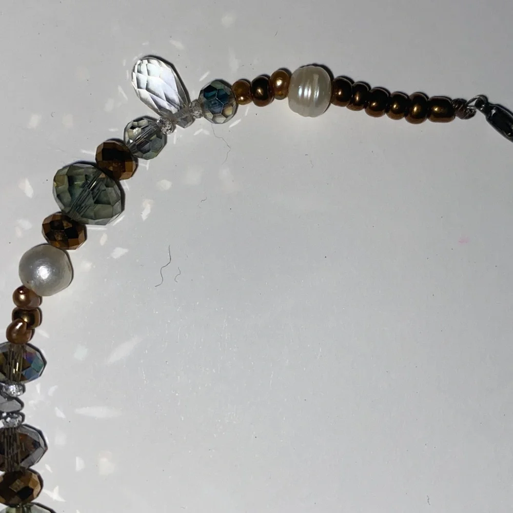 Beaded Necklace Featuring Grey, Brown and White Beads Including Pearls 17” L